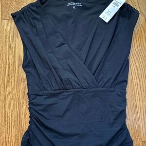 Abercrombie & Fitch Black Surplice Ruched Waist Sleeveless Top